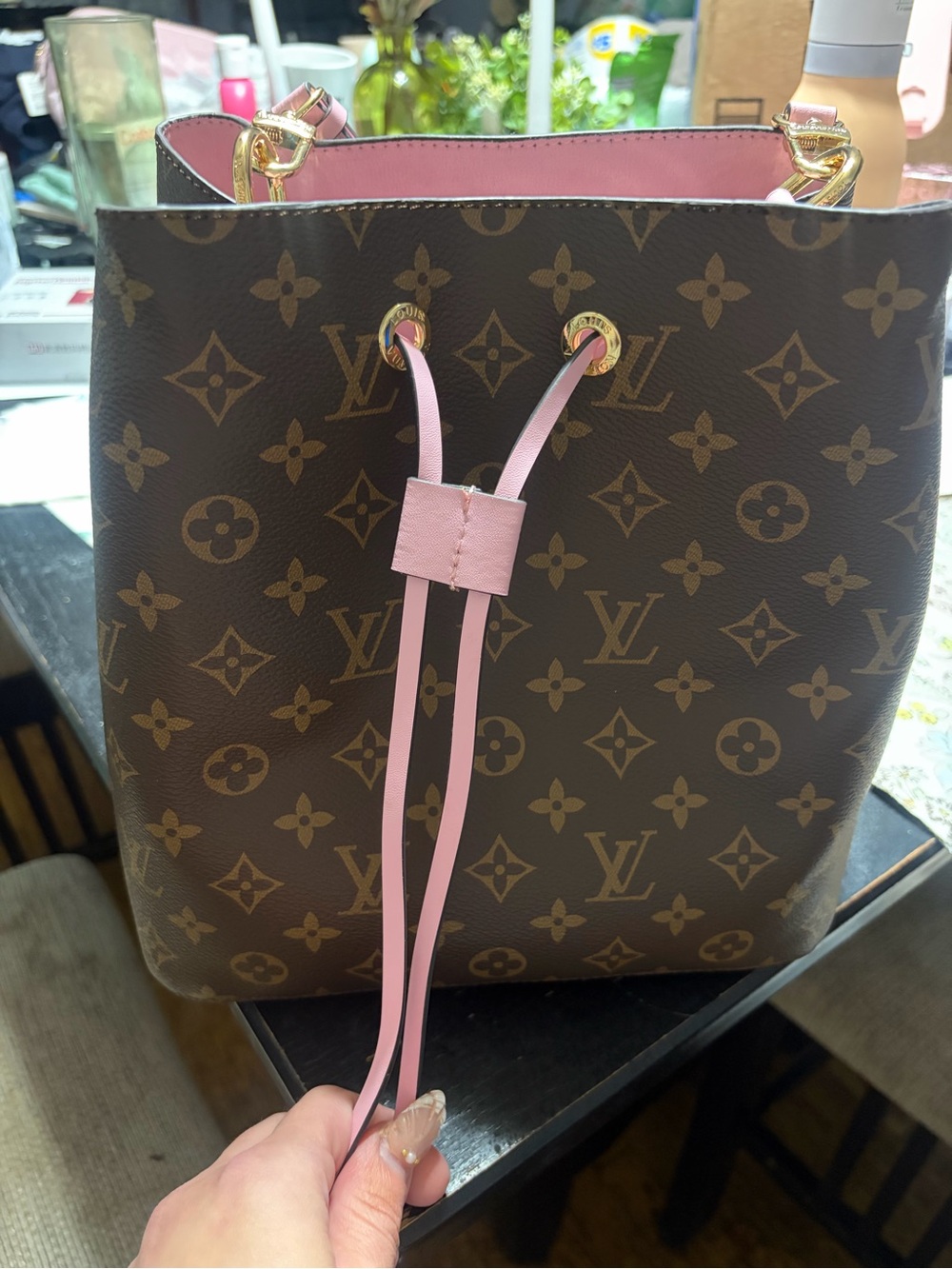 Classic monogram Brown & Pink Drawstring Bucket Bag